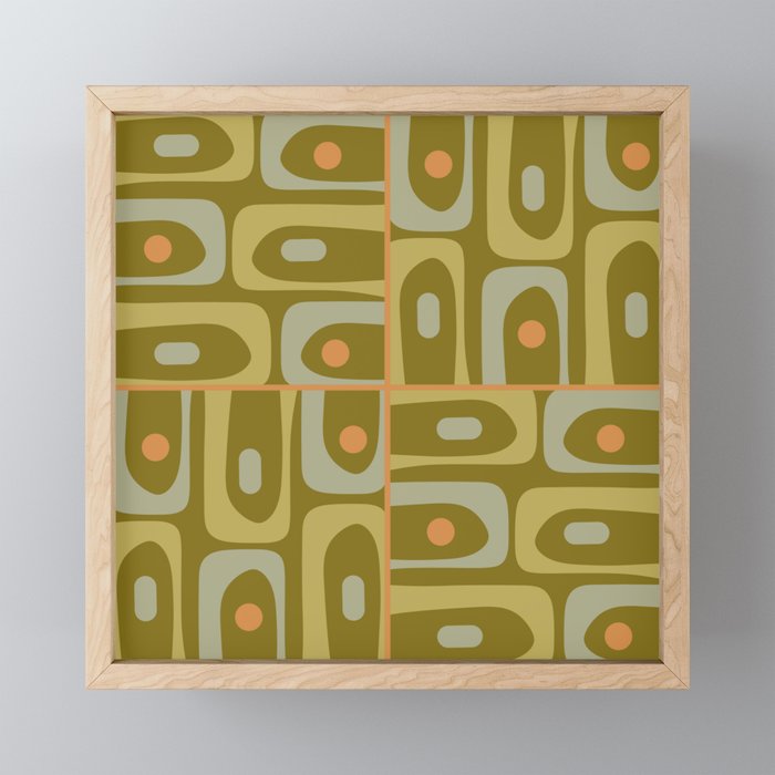 Mid Century Modern Piquet Retro Abstract Tiled Pattern in Vintage Olive Green and Cantaloupe Orange Mini Art Print Gallery Image 1