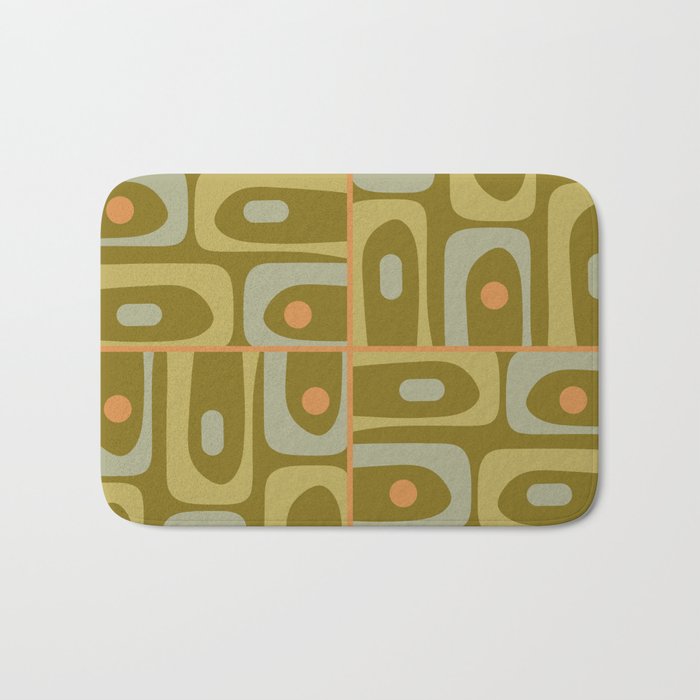 Mid Century Modern Piquet Retro Abstract Tiled Pattern in Vintage Olive Green and Cantaloupe Orange Bath Mat Gallery Image 1
