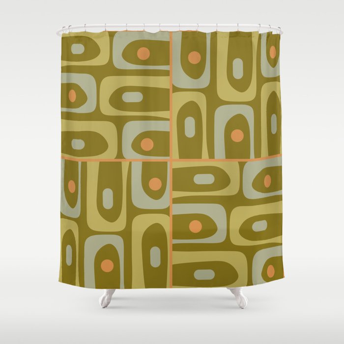 Mid Century Modern Piquet Retro Abstract Tiled Pattern in Vintage Olive Green and Cantaloupe Orange Shower Curtain Gallery Image 1