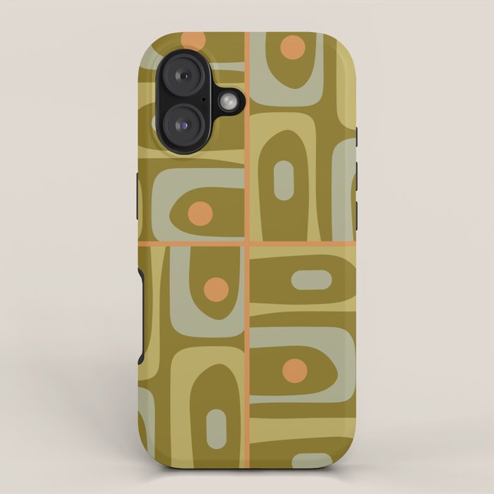Mid Century Modern Piquet Retro Abstract Tiled Pattern in Vintage Olive Green and Cantaloupe Orange iPhone Case Gallery Image 1