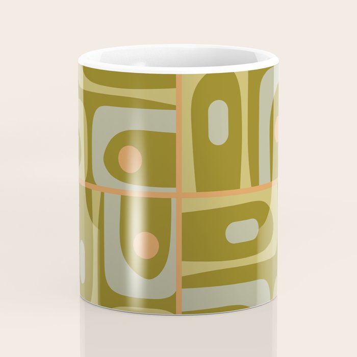 Mid Century Modern Piquet Retro Abstract Tiled Pattern in Vintage Olive Green and Cantaloupe Orange Coffee Mug Gallery Image 4