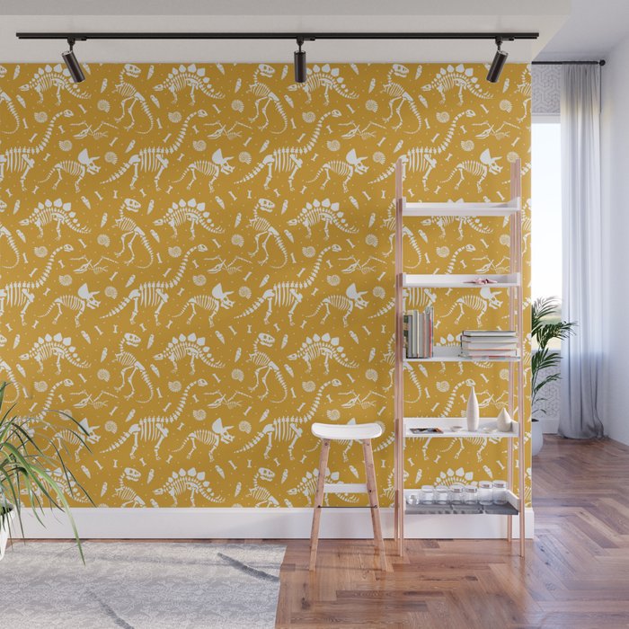 Dinosaur Fossils on Mustard Yellow Wall Mural Gallery Image 1