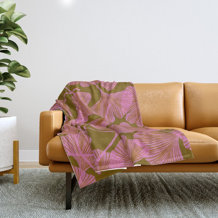 Pink Ginkgo Leaf Pattern Throw Blanket Gallery Image 1