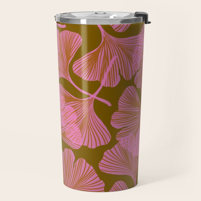 Pink Ginkgo Leaf Pattern Travel Mug Gallery Image 2