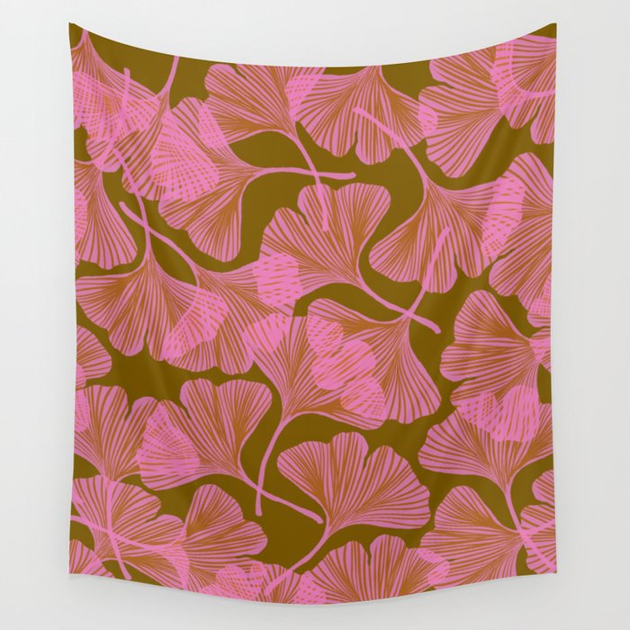 Pink Ginkgo Leaf Pattern Wall Tapestry Gallery Image 1