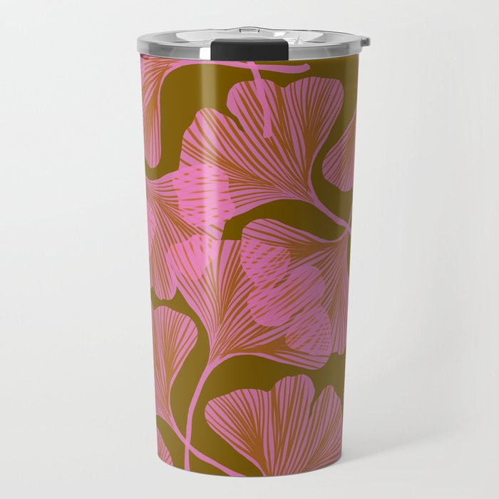 Pink Ginkgo Leaf Pattern Travel Mug Gallery Image 1