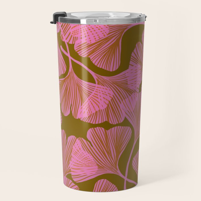 Pink Ginkgo Leaf Pattern Travel Mug Gallery Image 3