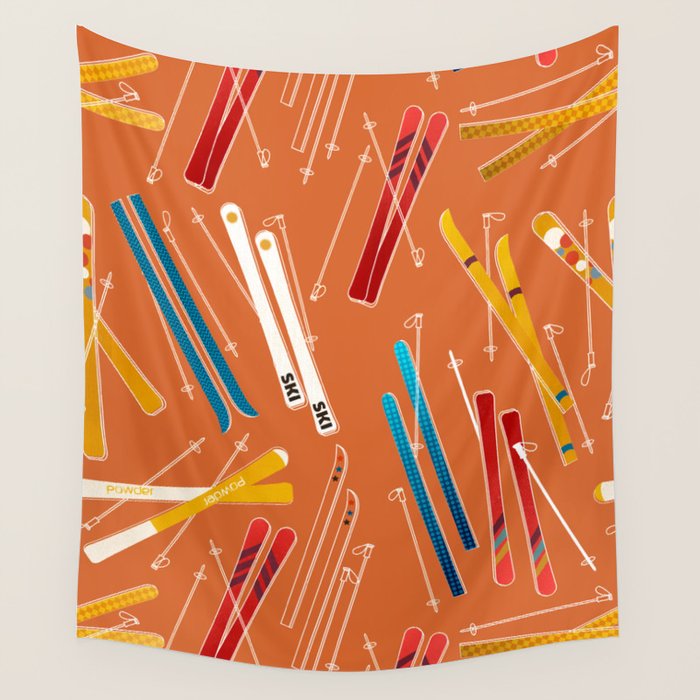 Retro Ski Pattern Illustration Wall Tapestry Gallery Image 1