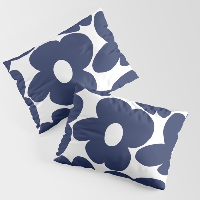 Large Dark Blueberry Blue Retro Flowers White Background #decor #society6 #buyart Pillow Sham Gallery Image 1