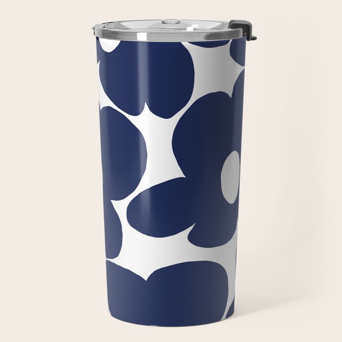 Large Dark Blueberry Blue Retro Flowers White Background #decor #society6 #buyart Travel Mug Gallery Image 2