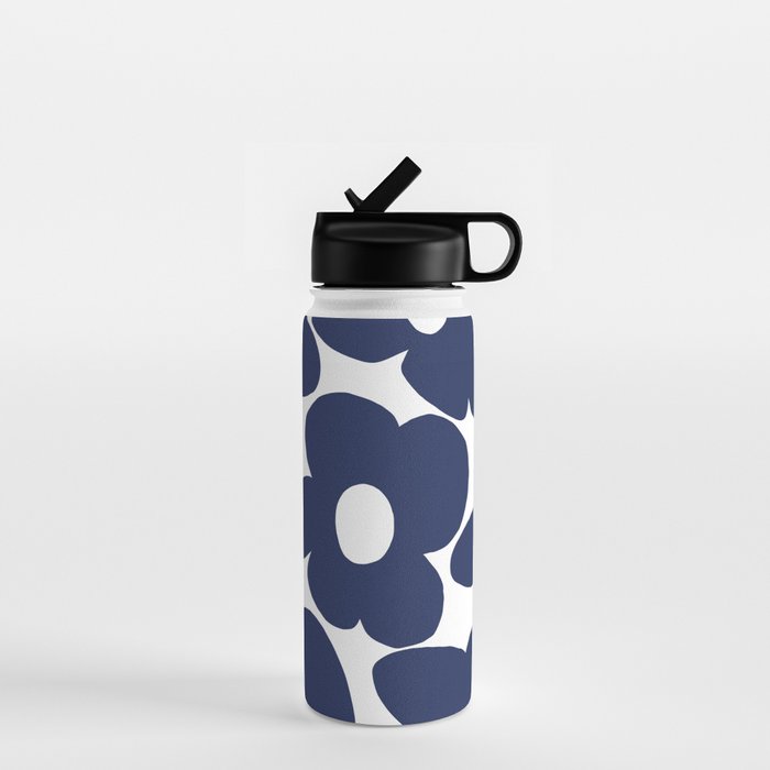Large Dark Blueberry Blue Retro Flowers White Background #decor #society6 #buyart Water Bottle Gallery Image 1