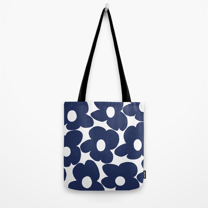 Large Dark Blueberry Blue Retro Flowers White Background #decor #society6 #buyart Tote Bag Gallery Image 2