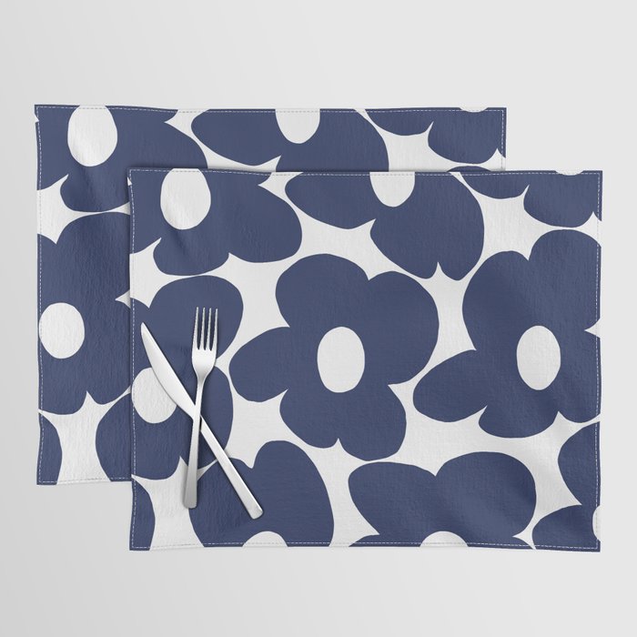 Large Dark Blueberry Blue Retro Flowers White Background #decor #society6 #buyart Placemat Gallery Image 1