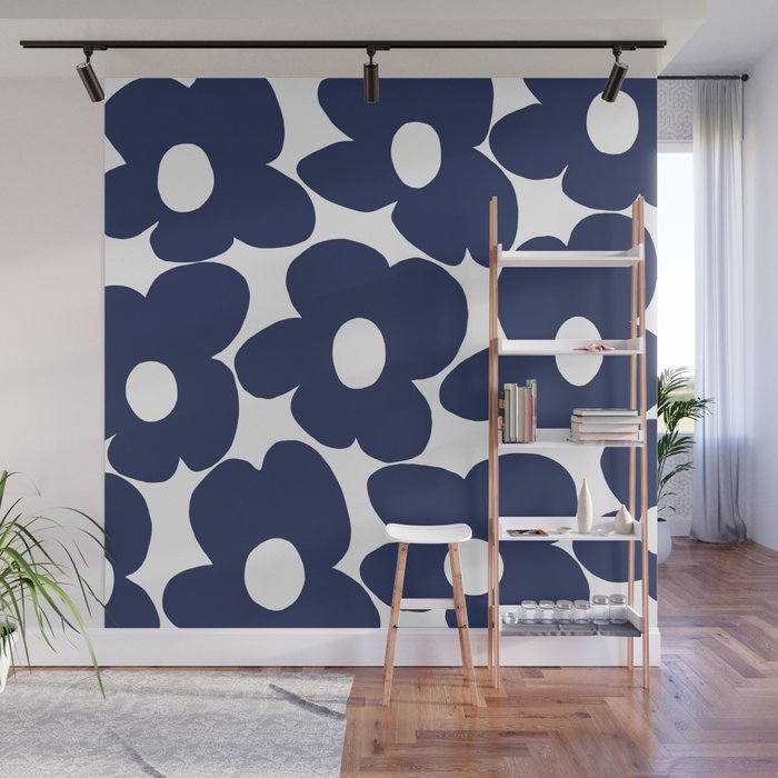 Large Dark Blueberry Blue Retro Flowers White Background #decor #society6 #buyart Wall Mural Gallery Image 1