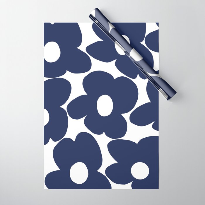 Large Dark Blueberry Blue Retro Flowers White Background #decor #society6 #buyart Wrapping Paper Gallery Image 1