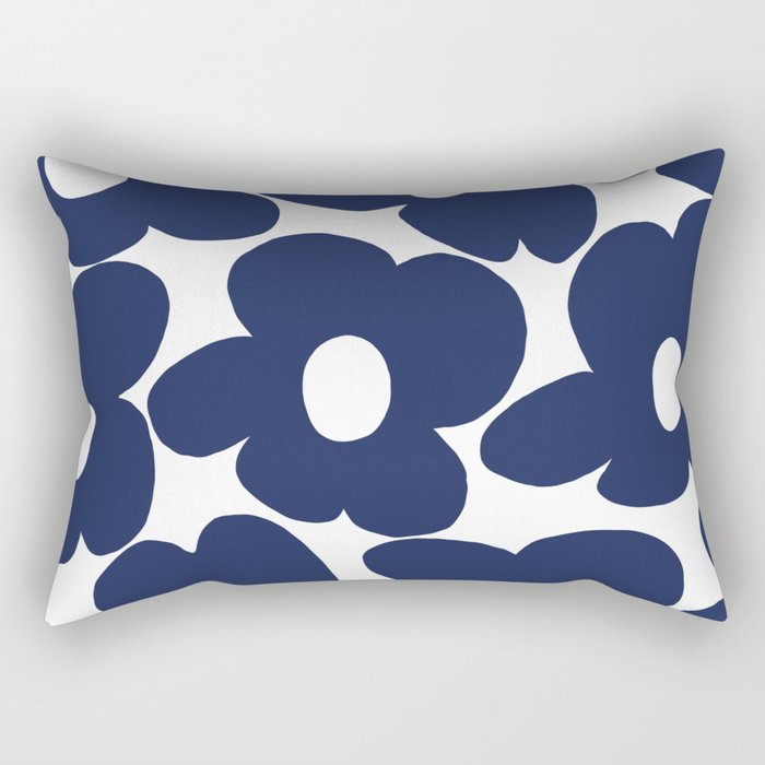 Large Dark Blueberry Blue Retro Flowers White Background #decor #society6 #buyart Rectangular Pillow Gallery Image 1
