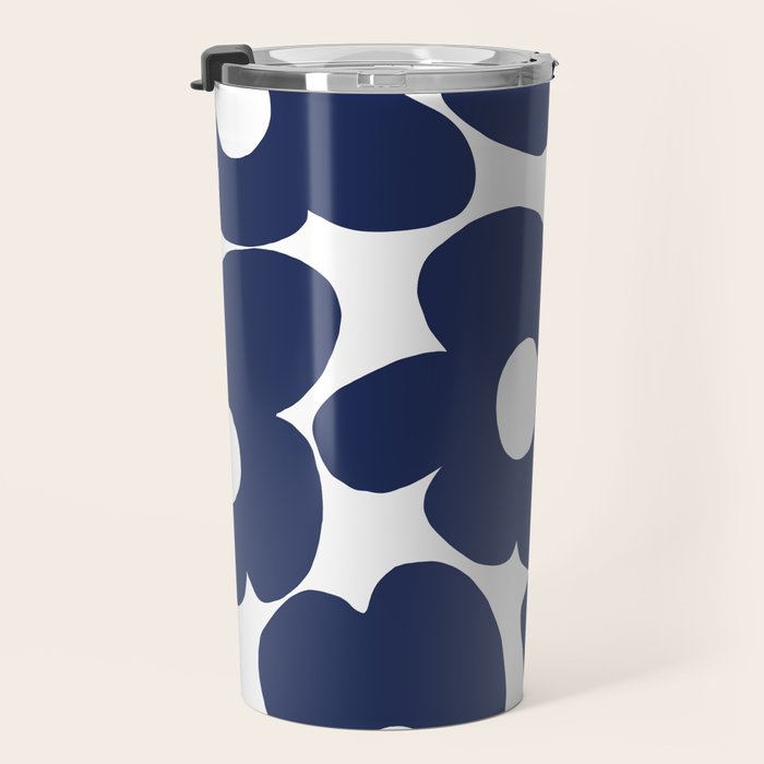 Large Dark Blueberry Blue Retro Flowers White Background #decor #society6 #buyart Travel Mug Gallery Image 3