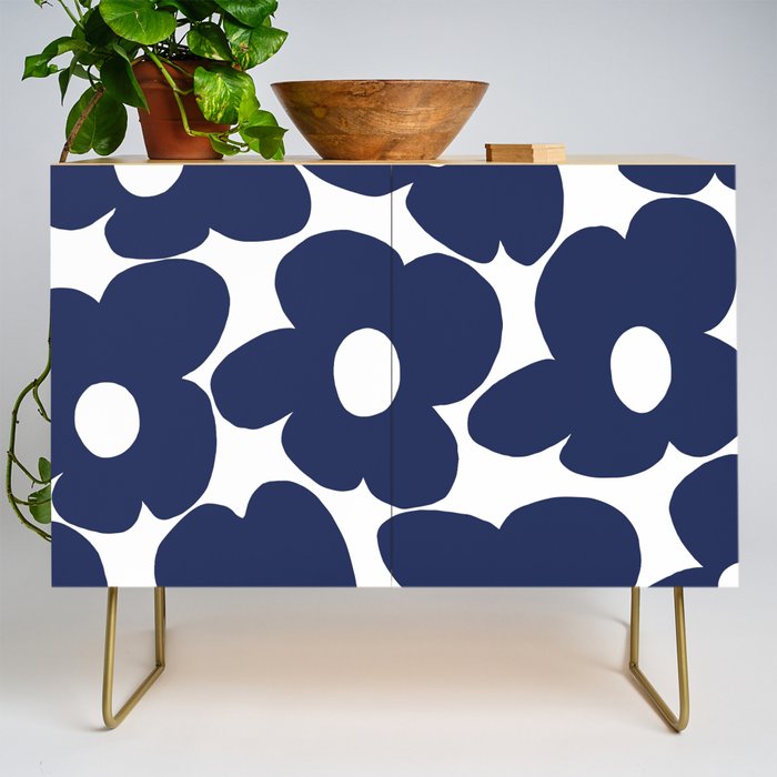 Large Dark Blueberry Blue Retro Flowers White Background #decor #society6 #buyart Credenza Gallery Image 1