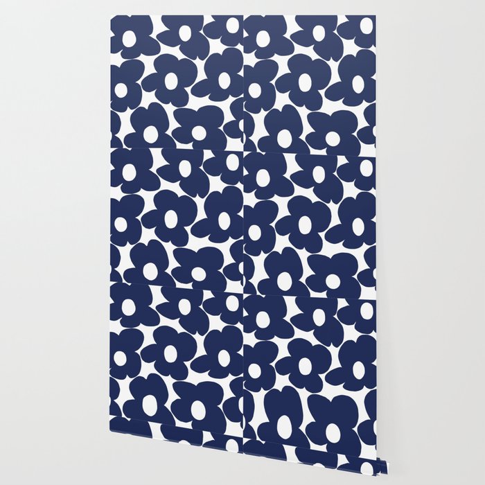 Large Dark Blueberry Blue Retro Flowers White Background #decor #society6 #buyart Wallpaper Gallery Image 2
