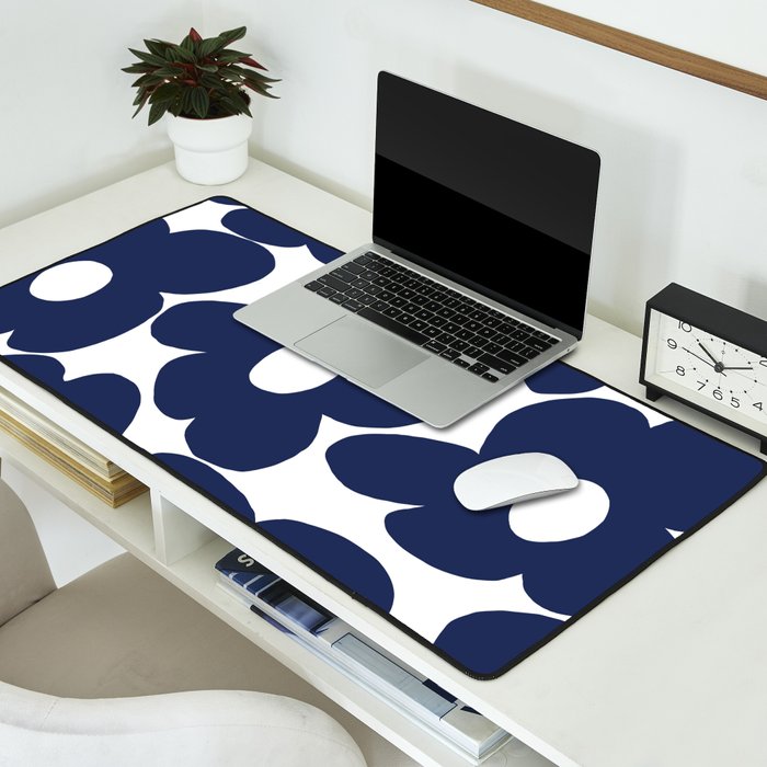 Large Dark Blueberry Blue Retro Flowers White Background #decor #society6 #buyart Desk Mat Gallery Image 2