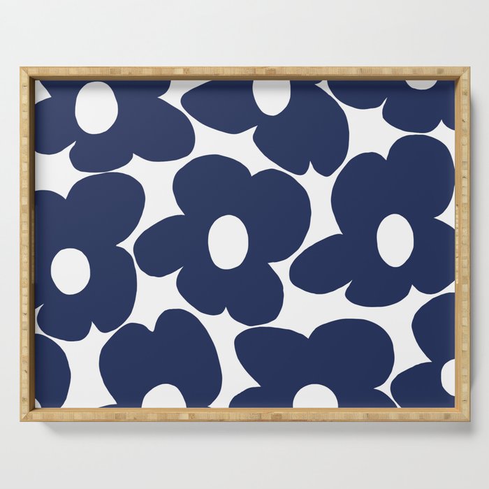 Large Dark Blueberry Blue Retro Flowers White Background #decor #society6 #buyart Serving Tray Gallery Image 1