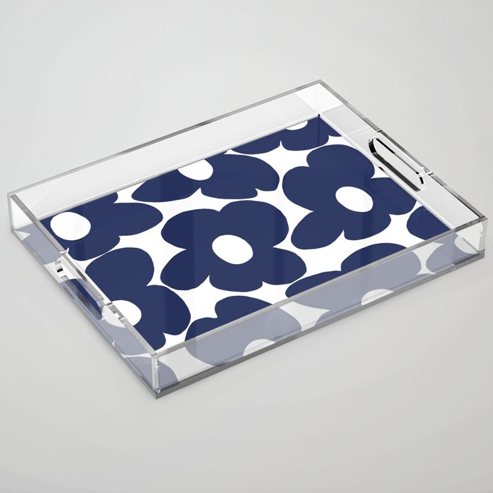 Large Dark Blueberry Blue Retro Flowers White Background #decor #society6 #buyart Acrylic Tray Gallery Image 1