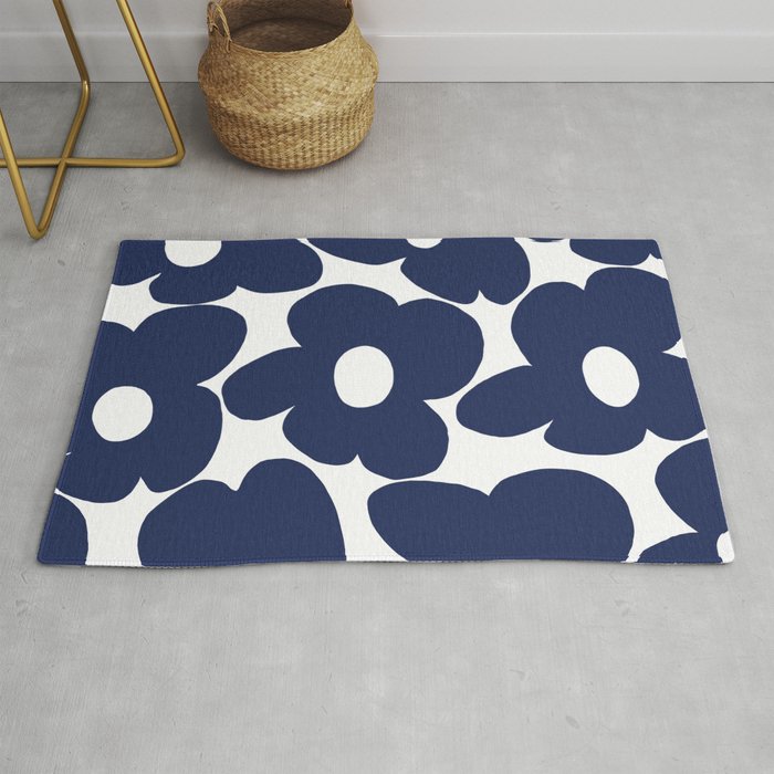 Large Dark Blueberry Blue Retro Flowers White Background #decor #society6 #buyart Rug Gallery Image 1