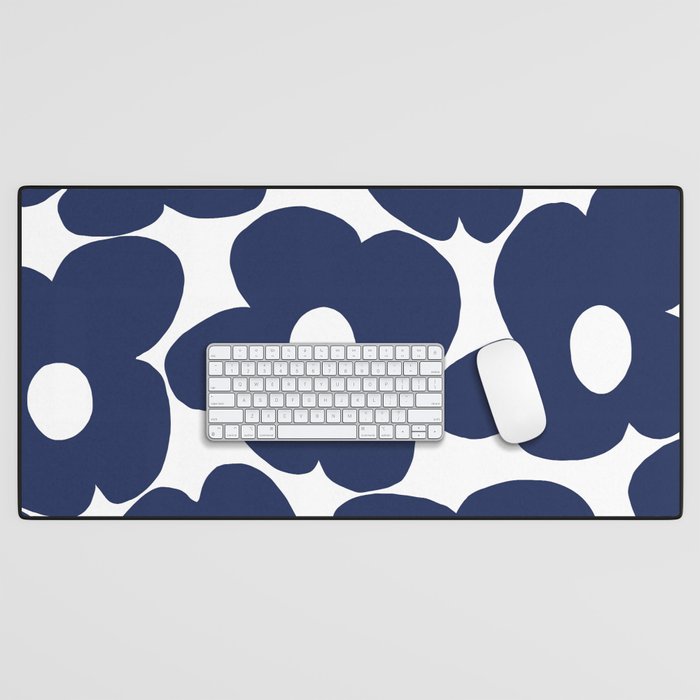 Large Dark Blueberry Blue Retro Flowers White Background #decor #society6 #buyart Desk Mat Gallery Image 1