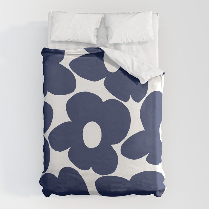 Large Dark Blueberry Blue Retro Flowers White Background #decor #society6 #buyart Duvet Cover Gallery Image 6