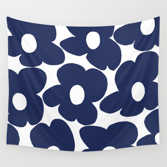 Large Dark Blueberry Blue Retro Flowers White Background #decor #society6 #buyart Wall Tapestry Gallery Image 4