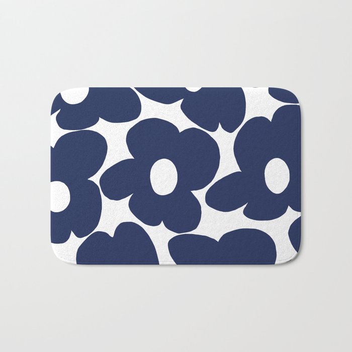 Large Dark Blueberry Blue Retro Flowers White Background #decor #society6 #buyart Bath Mat Gallery Image 1