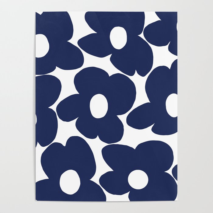 Large Dark Blueberry Blue Retro Flowers White Background #decor #society6 #buyart Poster