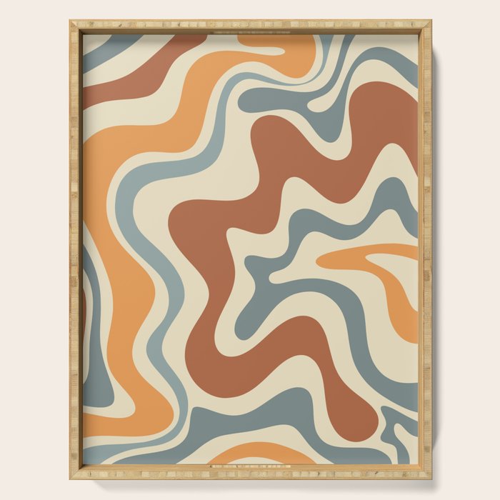 Retro Liquid Swirl Abstract Pattern in Slate Blue Orange Rust Serving Tray Gallery Image 1