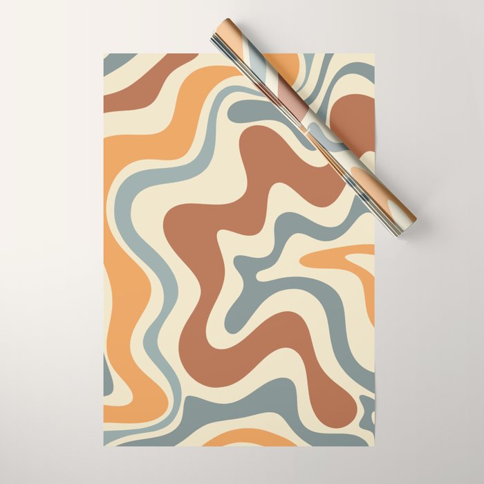 Retro Liquid Swirl Abstract Pattern in Slate Blue Orange Rust Wrapping Paper Gallery Image 1