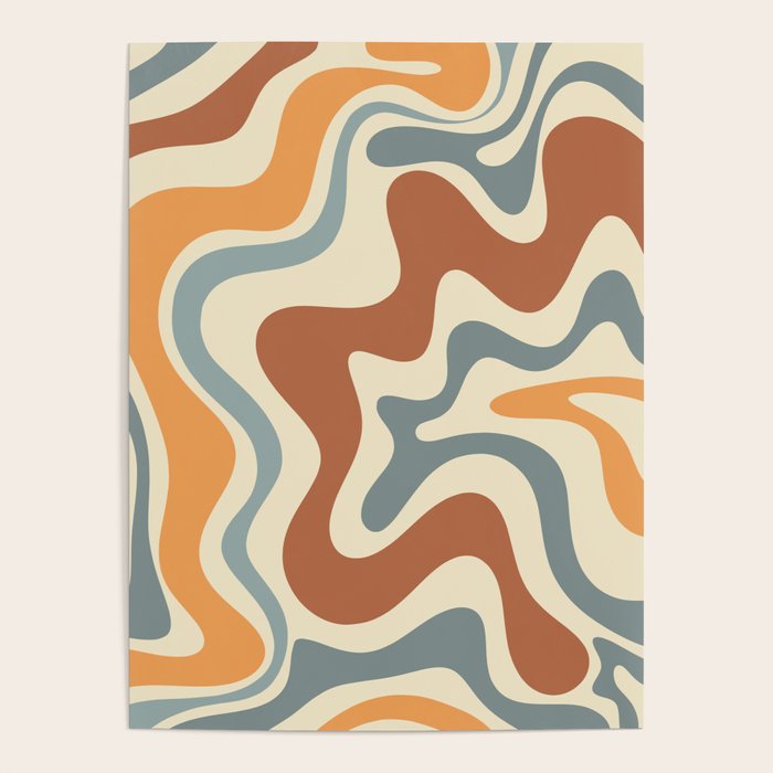Retro Liquid Swirl Abstract Pattern in Slate Blue Orange Rust Poster Gallery Image 1