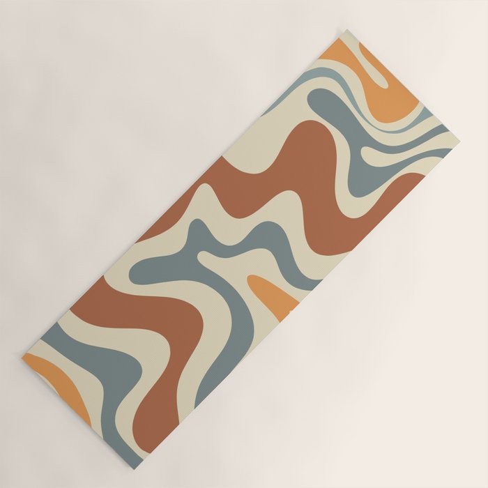 Retro Liquid Swirl Abstract Pattern in Slate Blue Orange Rust Yoga Mat Gallery Image 1