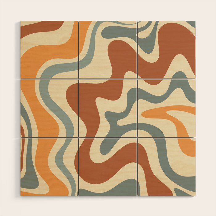 Retro Liquid Swirl Abstract Pattern in Slate Blue Orange Rust Wood Wall Art Gallery Image 1