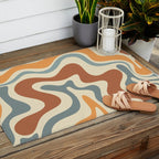 Retro Liquid Swirl Abstract Pattern in Slate Blue Orange Rust Outdoor Rug Gallery Image 2