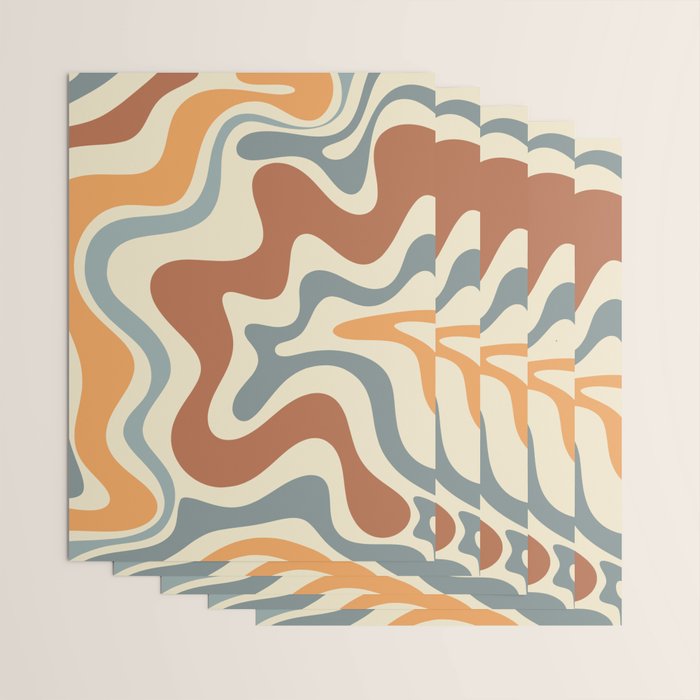 Retro Liquid Swirl Abstract Pattern in Slate Blue Orange Rust Wrapping Paper Gallery Image 3