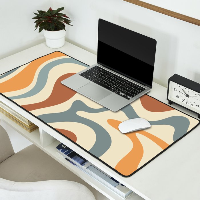 Retro Liquid Swirl Abstract Pattern in Slate Blue Orange Rust Desk Mat Gallery Image 2