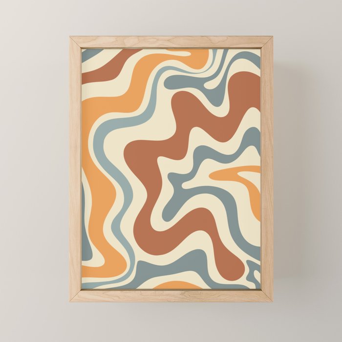 Retro Liquid Swirl Abstract Pattern in Slate Blue Orange Rust Mini Art Print Gallery Image 1