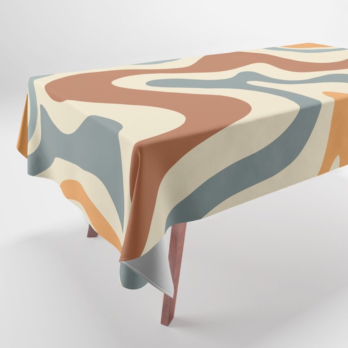 Retro Liquid Swirl Abstract Pattern in Slate Blue Orange Rust Tablecloth Gallery Image 1
