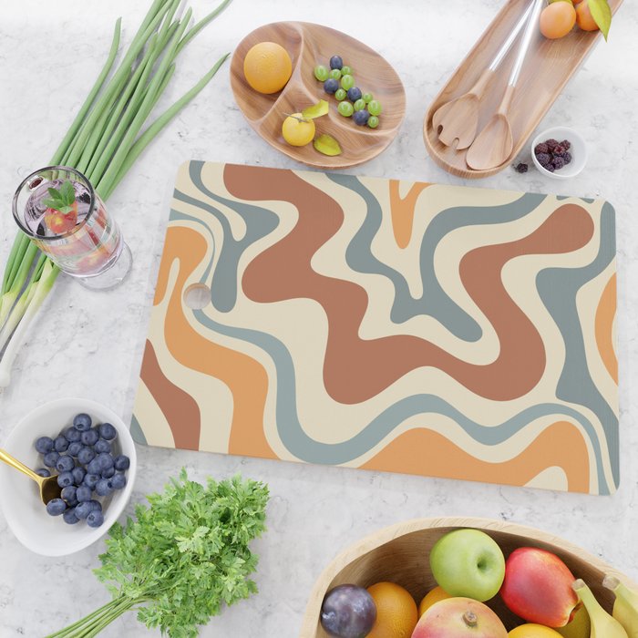 Retro Liquid Swirl Abstract Pattern in Slate Blue Orange Rust Cutting Board Gallery Image 2
