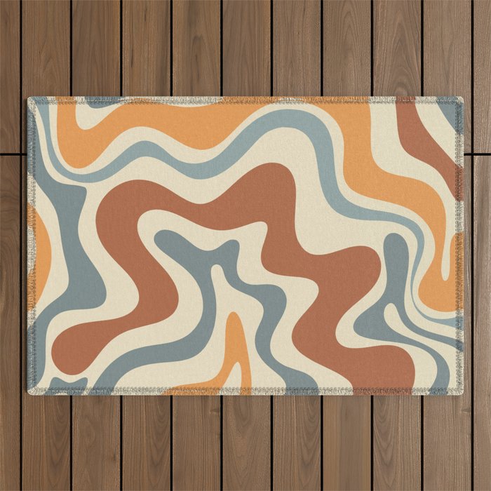 Retro Liquid Swirl Abstract Pattern in Slate Blue Orange Rust Outdoor Rug Gallery Image 1