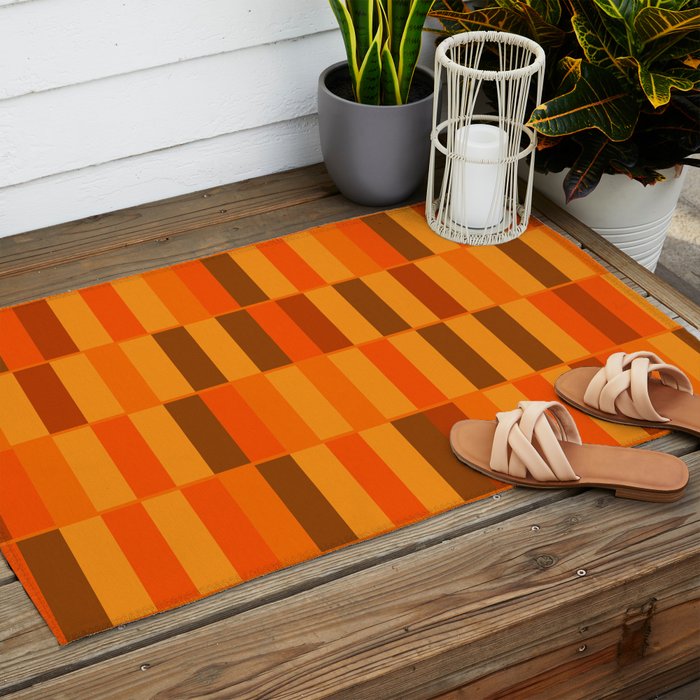 Long Blocks Retro Modern Minimalist Geometric Checked Pattern in 70s Orange and Brown Outdoor Rug Gallery Image 2