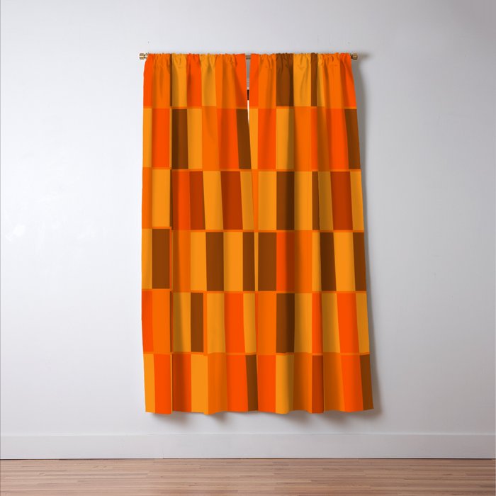 Long Blocks Retro Modern Minimalist Geometric Checked Pattern in 70s Orange and Brown Window Curtain Gallery Image 3