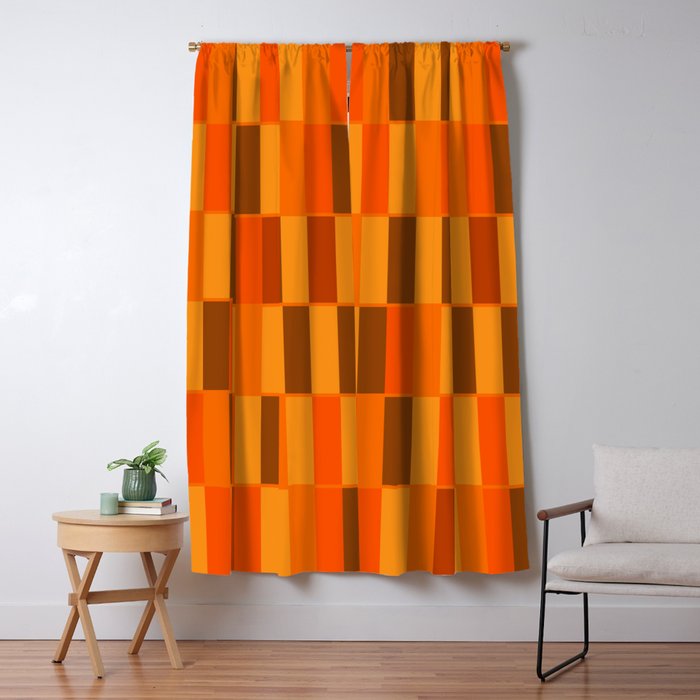 Long Blocks Retro Modern Minimalist Geometric Checked Pattern in 70s Orange and Brown Window Curtain Gallery Image 5