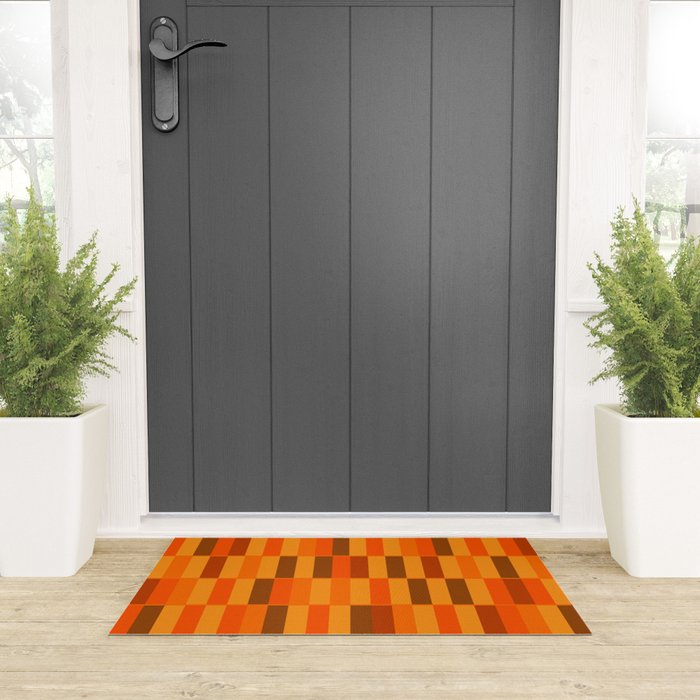 Long Blocks Retro Modern Minimalist Geometric Checked Pattern in 70s Orange and Brown Welcome Mat Gallery Image 3