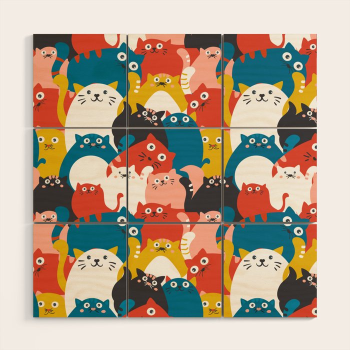 Silly Cats Crowd Pattern Wood Wall Art Gallery Image 1