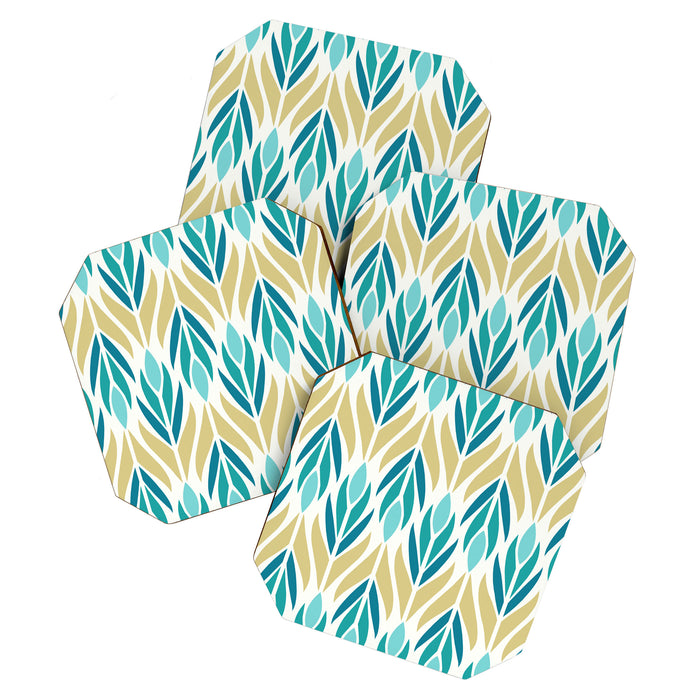 Mid Century Modern Abstract Floral Pattern in Turquoise Teal Aqua and Marigold Coaster Gallery Image 1